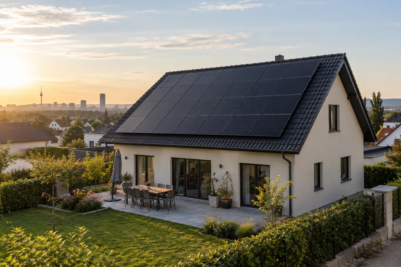 Wohnhaus mit größerem Solarmodulfeld auf dem Dach