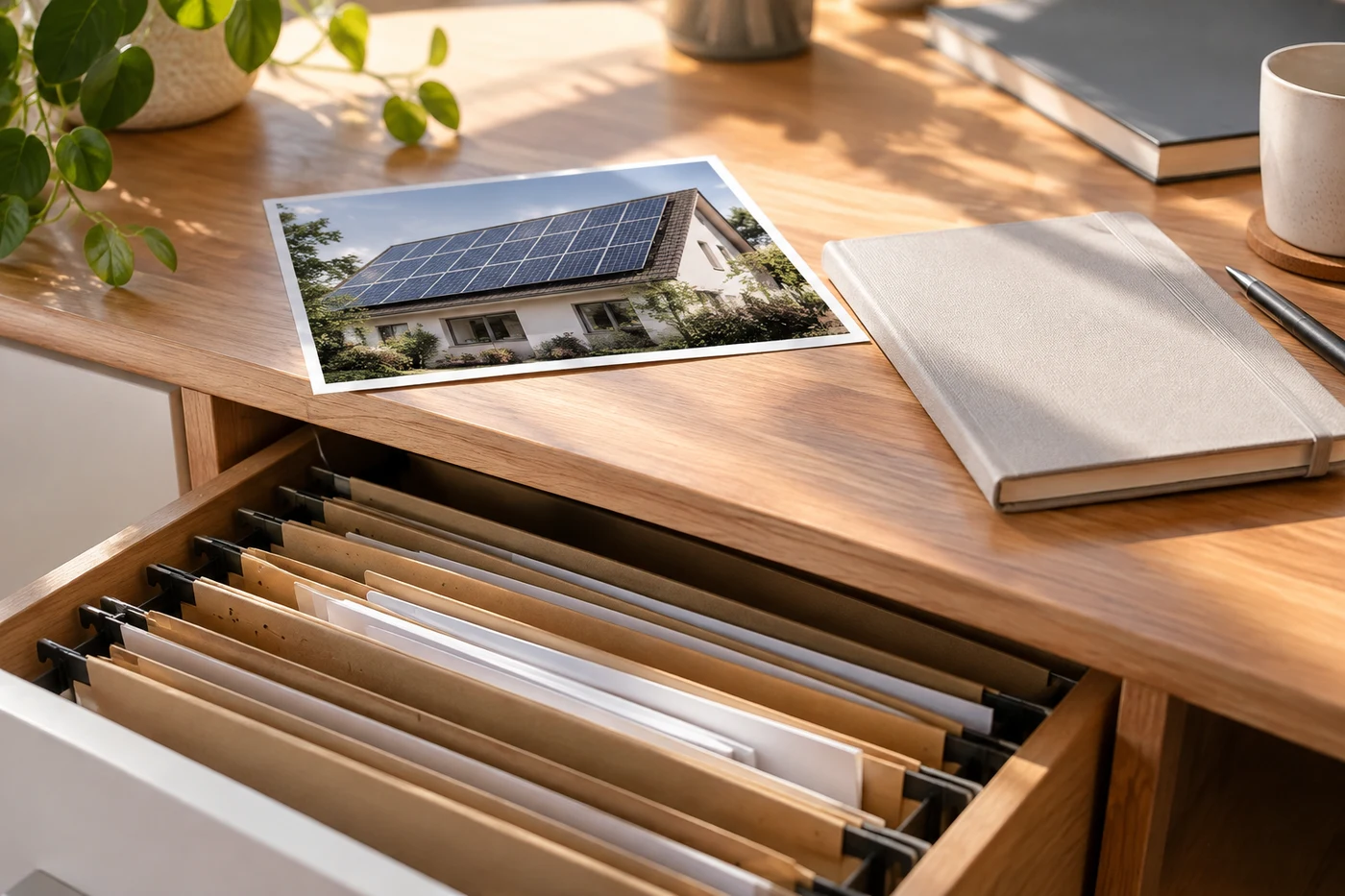 Projektmappen in einer Ablage neben einem Foto eines Dachs mit Solarmodulen