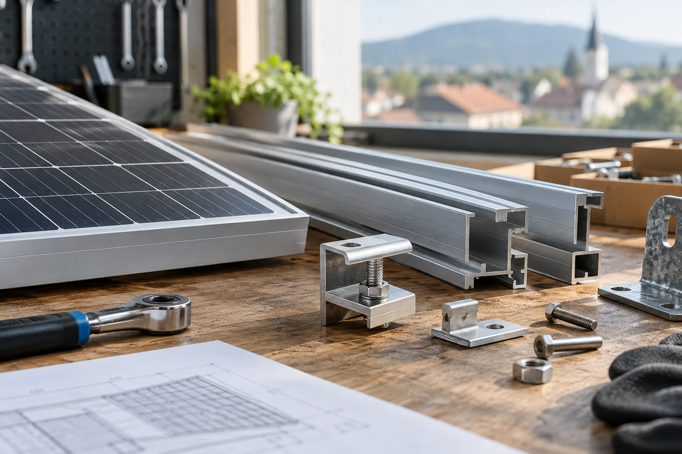 Aluminiumschienen und Modulklemme als Montagemuster