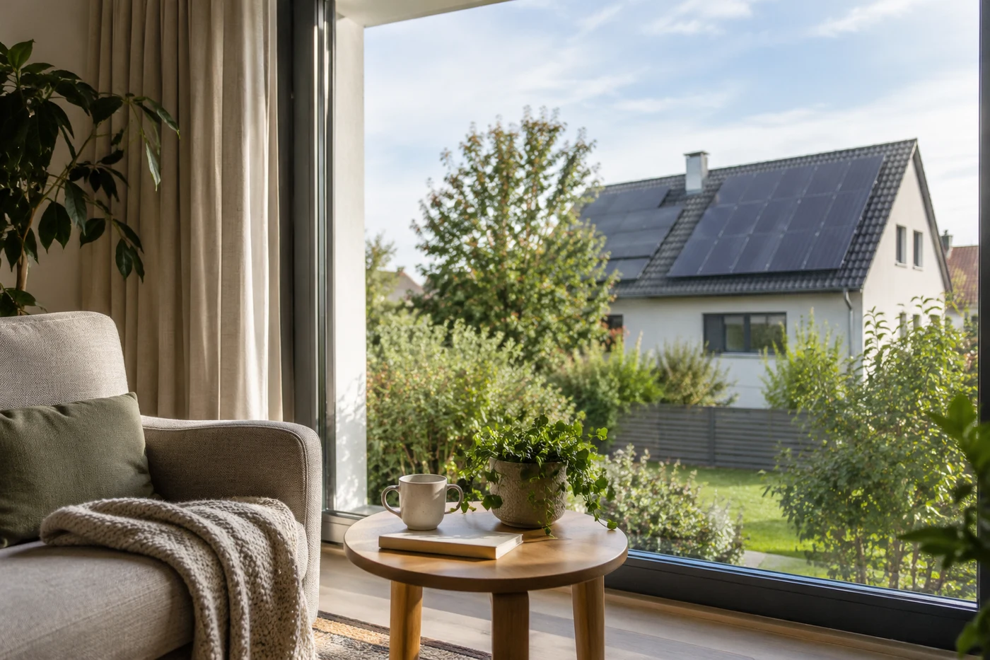 Blick aus einem Wohnraum auf ein Haus mit Solardach