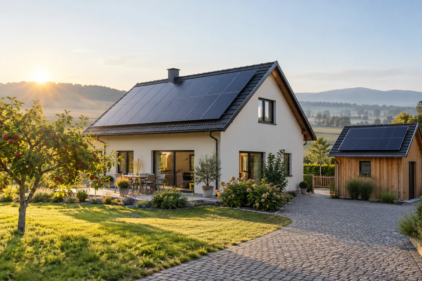 Wohnhaus und Nebengebäude mit unterschiedlich großen Solardächern