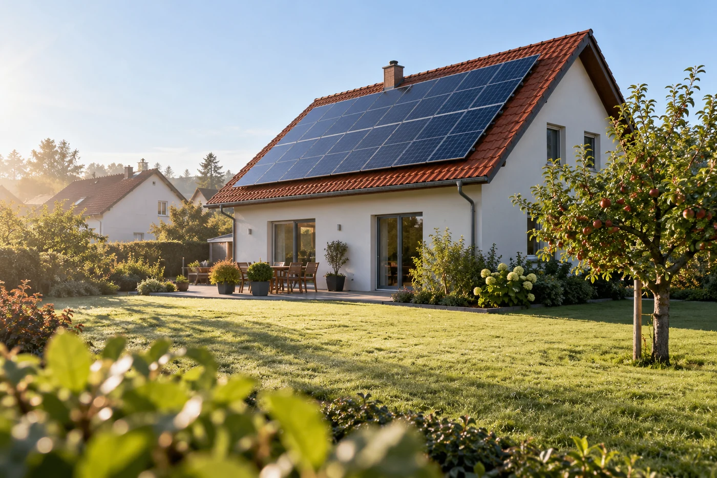 Ziegeldach mit Solarmodulen und ein grüner Garten