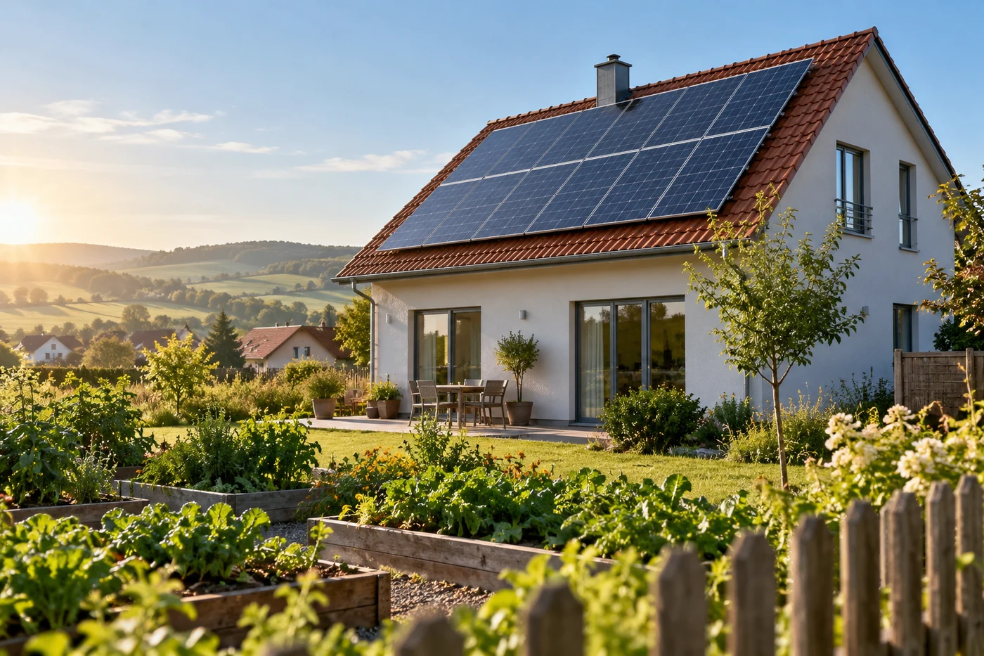 Wohnhaus mit Solardach hinter einem Gemüsegarten