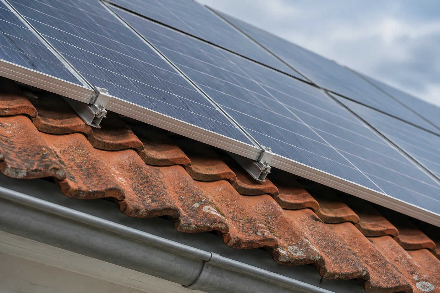 Solarmodule und Montageschienen auf einem Ziegeldach