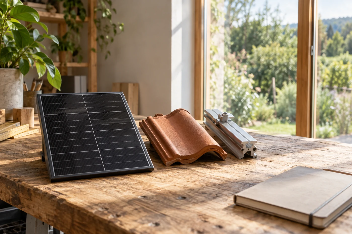 Solarmodulmuster und Dachmaterialien auf einer Werkbank