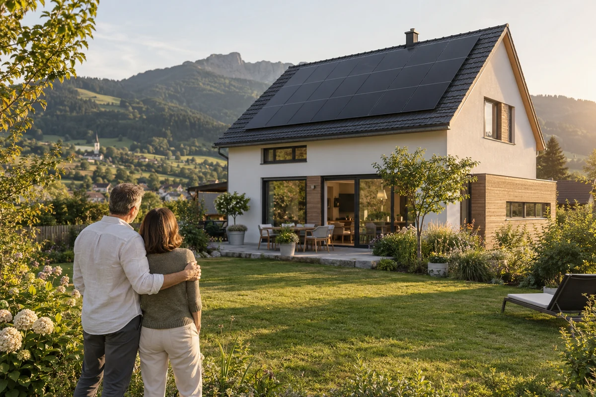 Paar im Garten betrachtet ein Einfamilienhaus mit Photovoltaikanlage vor grünen österreichischen Hügeln