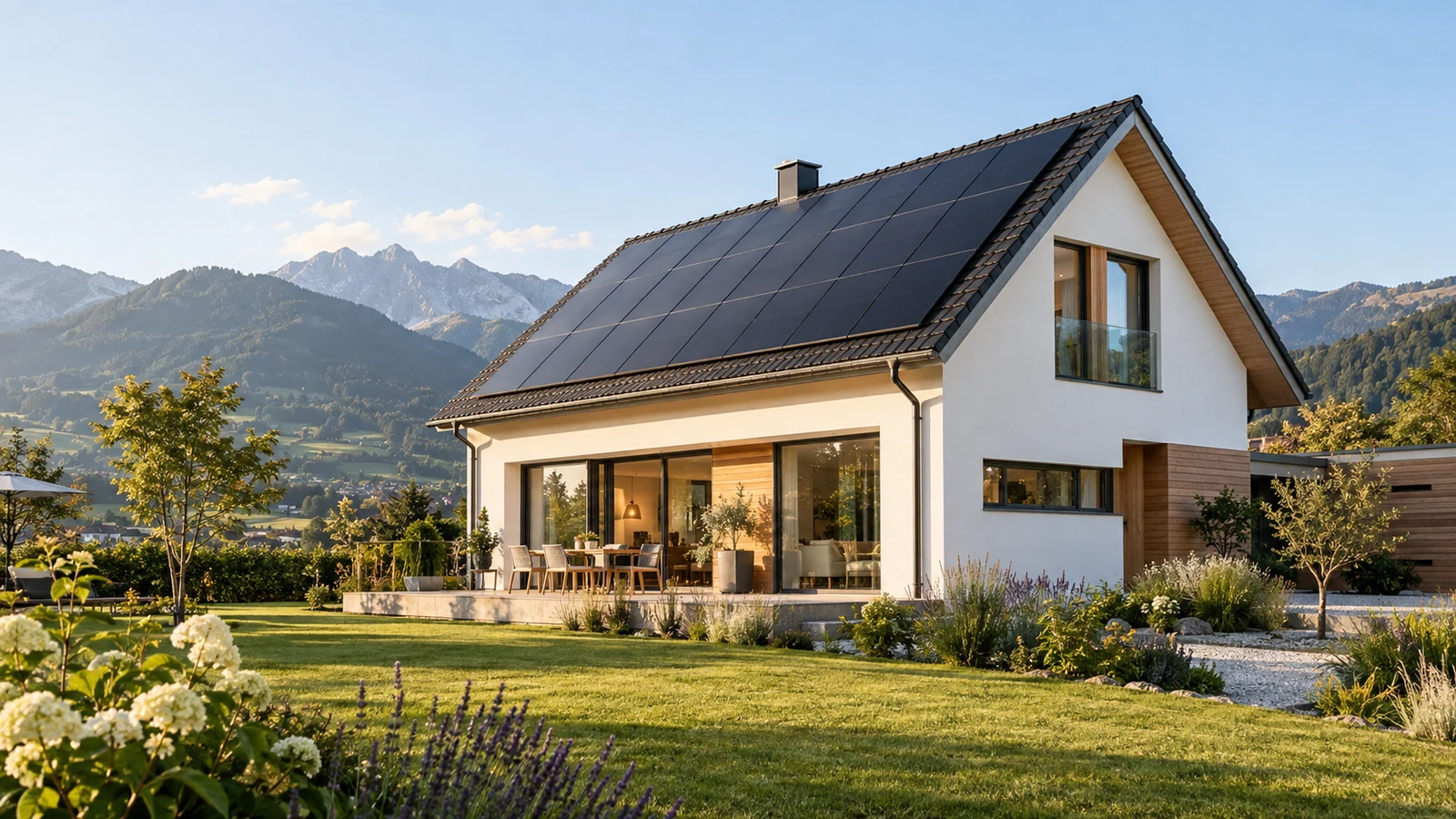 Modernes Einfamilienhaus mit Photovoltaikanlage und Garten vor österreichischer Berglandschaft