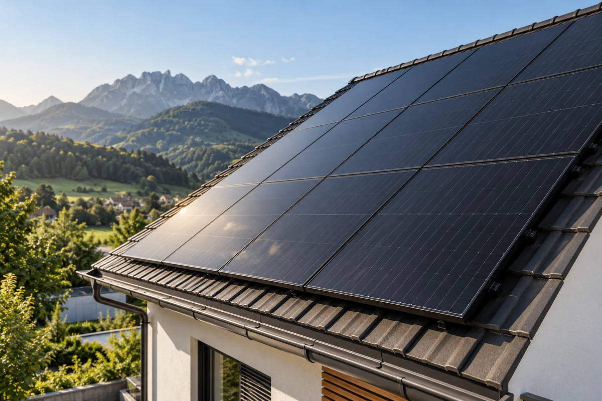 Schwarze Photovoltaikmodule auf einem Ziegeldach mit österreichischer Berglandschaft im Hintergrund
